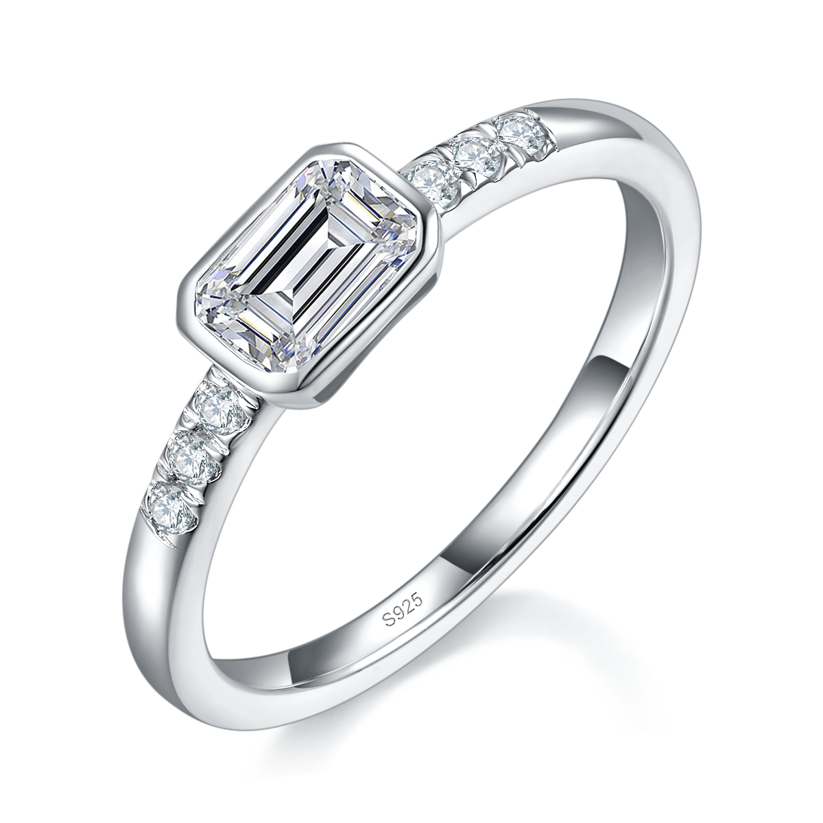Emerald Cut and Set Women's Ring S925 Silver Plated Platinum Customized Selection Main Stone Moissanite 0.5ct/Side Stone Cubic Zirconia