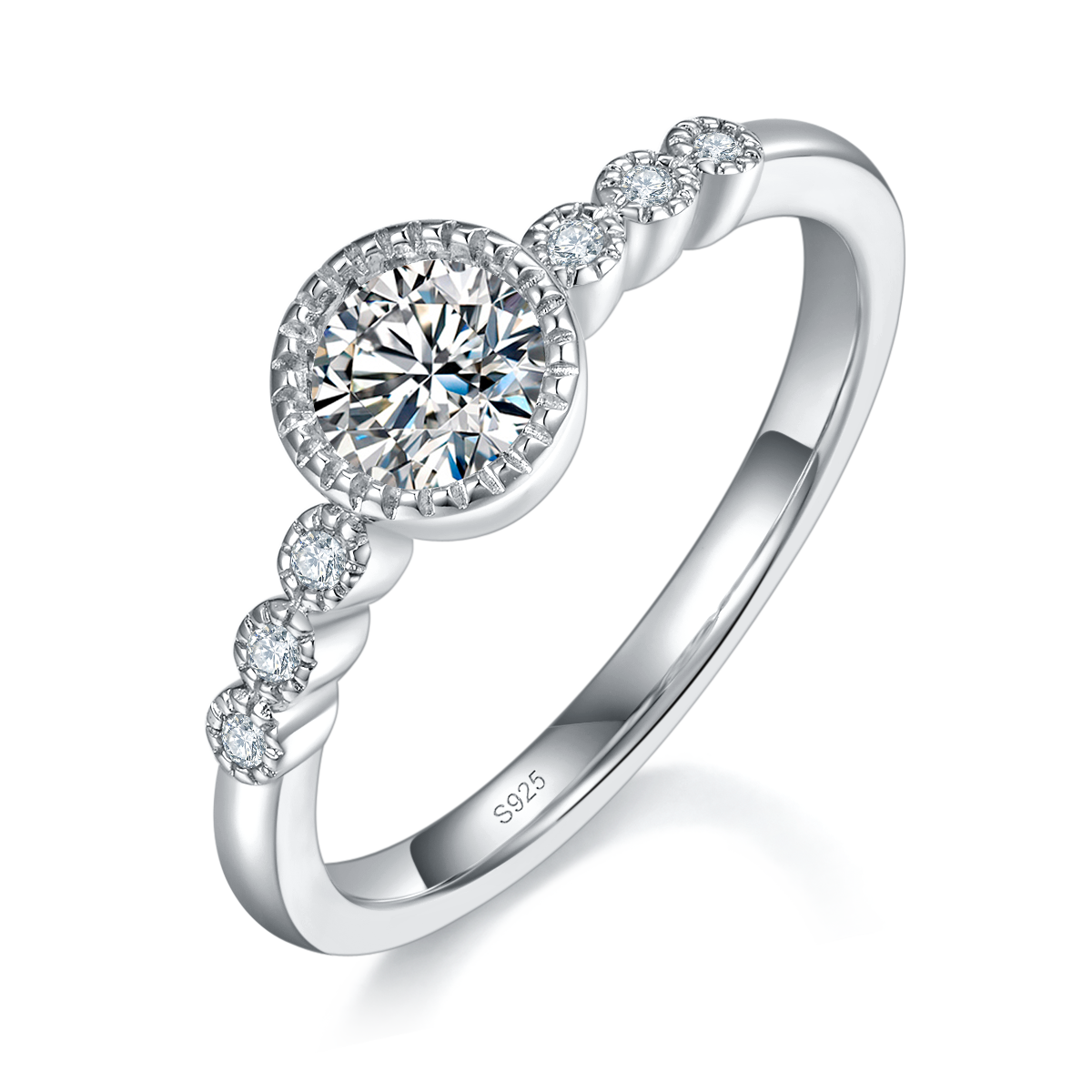 包镶圆钻S925银镀白金定制选款主石莫桑钻0.5ct/副石高碳钻