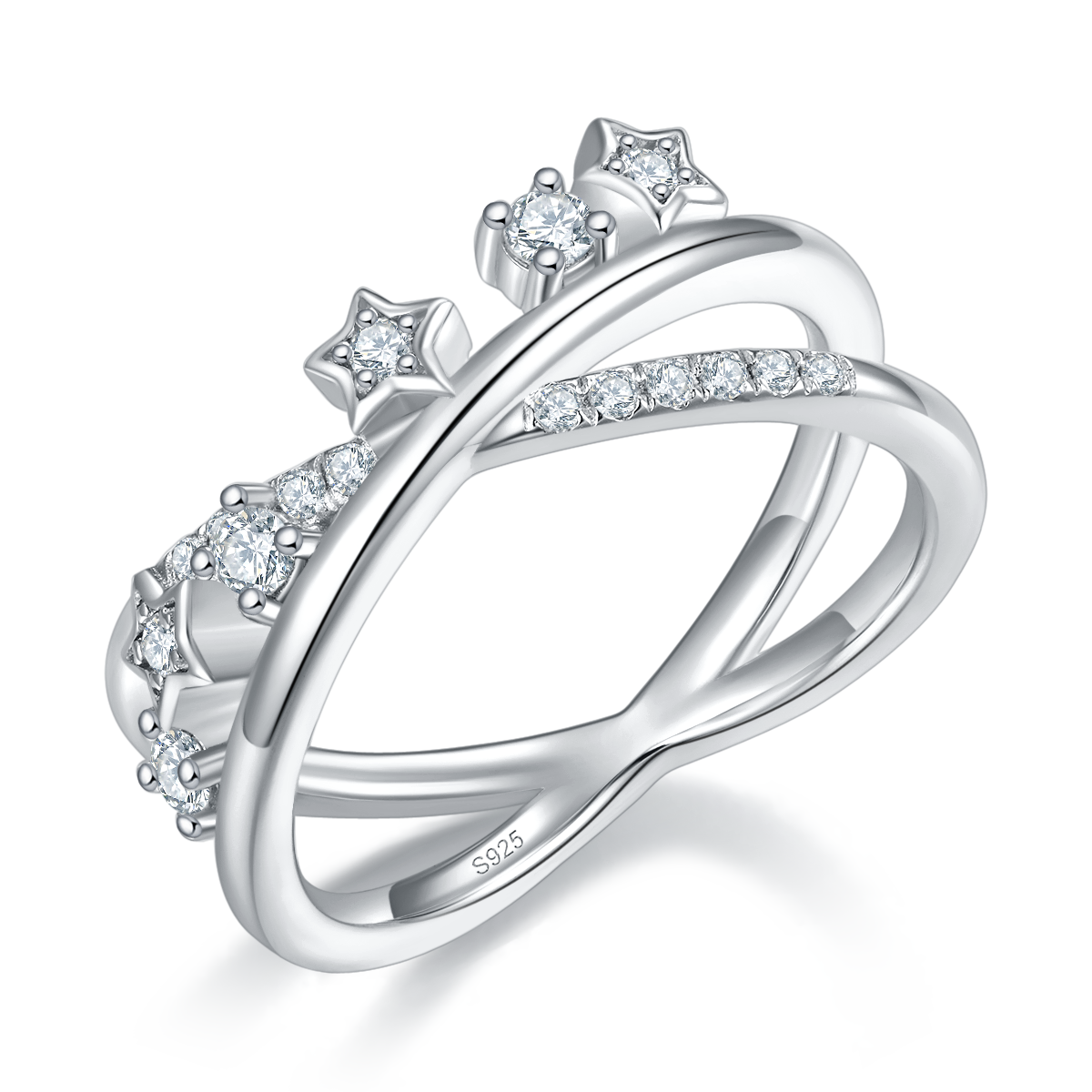 X形星星排戒S925银镀白金定制选款副石莫桑钻0.25ct