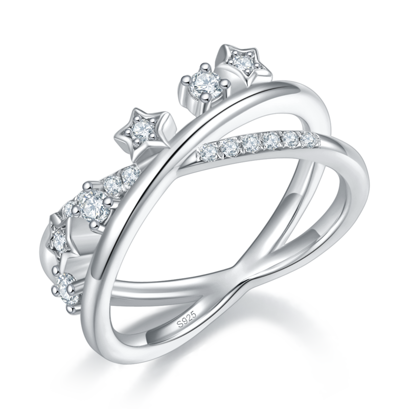 X形星星排戒S925银镀白金定制选款副石Moissanite0.25ct