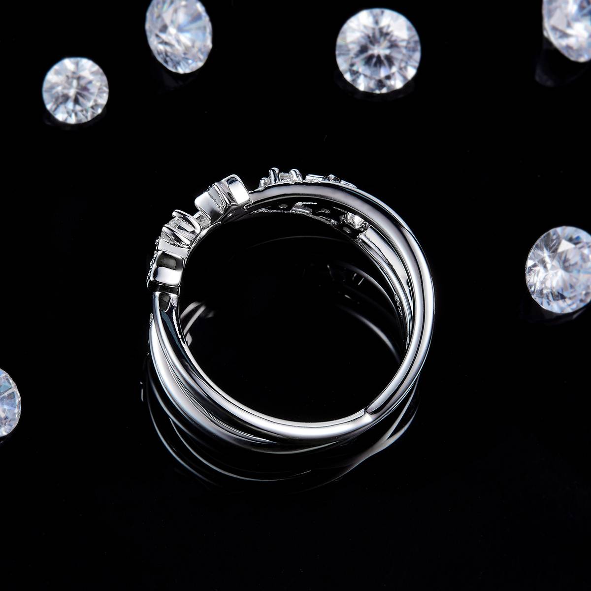 X形星星排戒S925银镀白金定制选款副石莫桑钻0.25ct