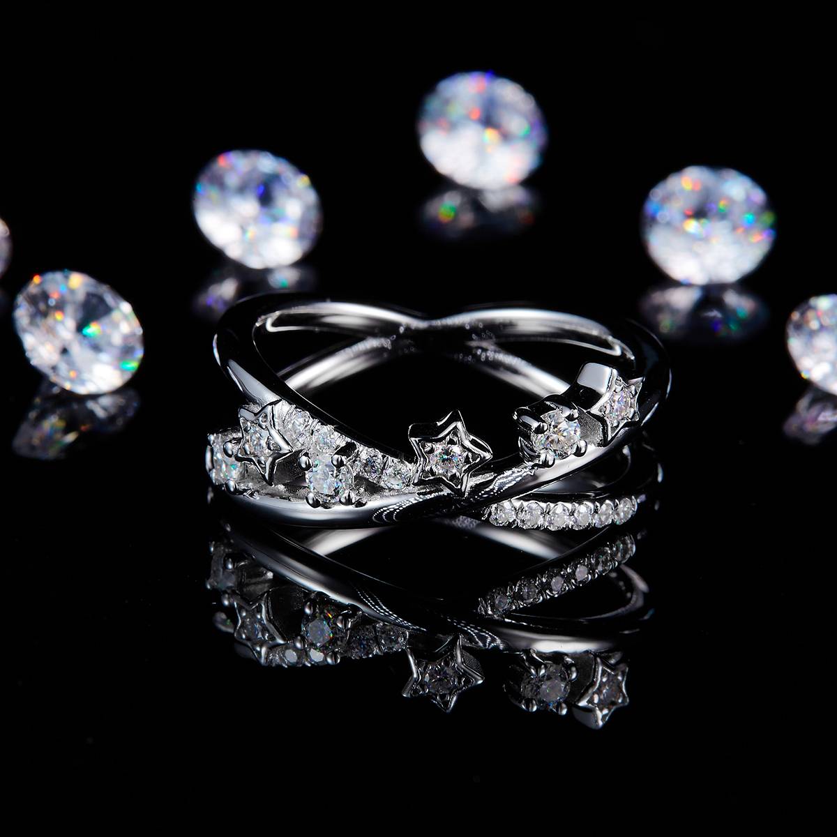 X形星星排戒S925银镀白金定制选款副石莫桑钻0.25ct