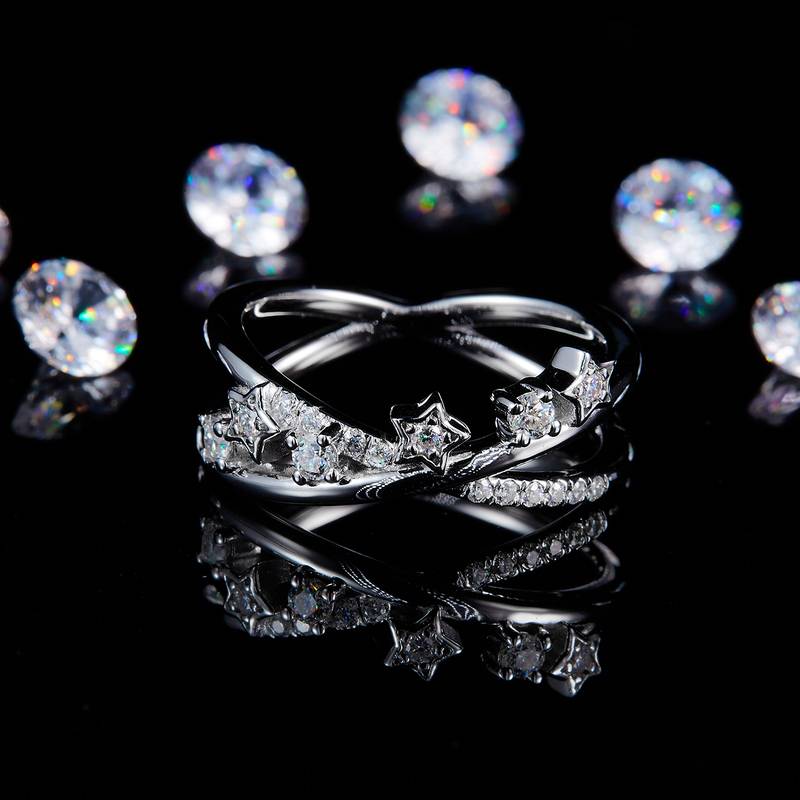 X形星星排戒S925银镀白金定制选款副石Moissanite0.25ct