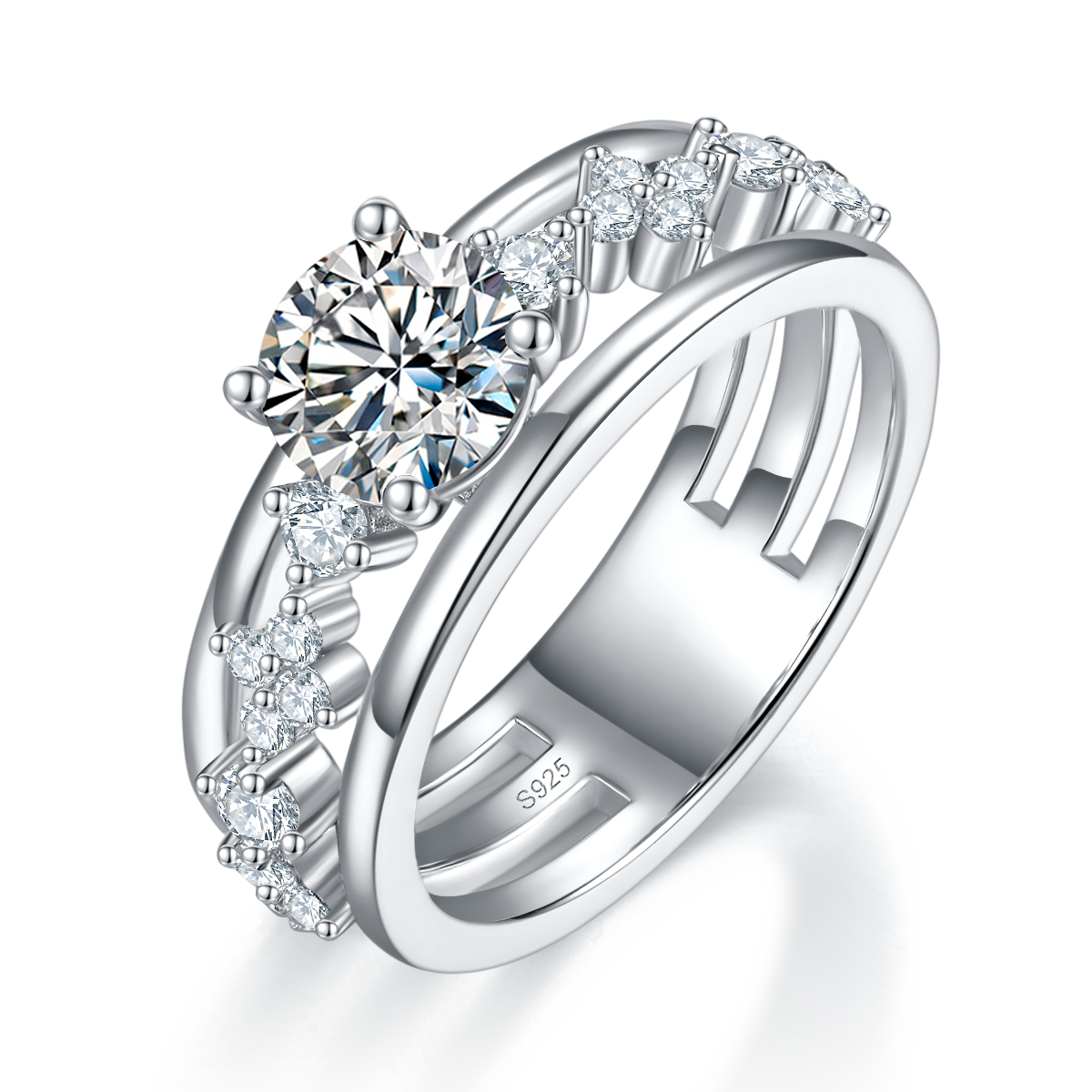 Dual arm four claw S925 silver plated platinum customized selection main stone Moissanite 1.0ct/Side Stone Cubic Zirconia