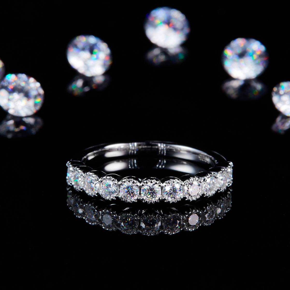 2.5mm lined S925 silver plated platinum customized option Side Stone Moissanite 0.66ct