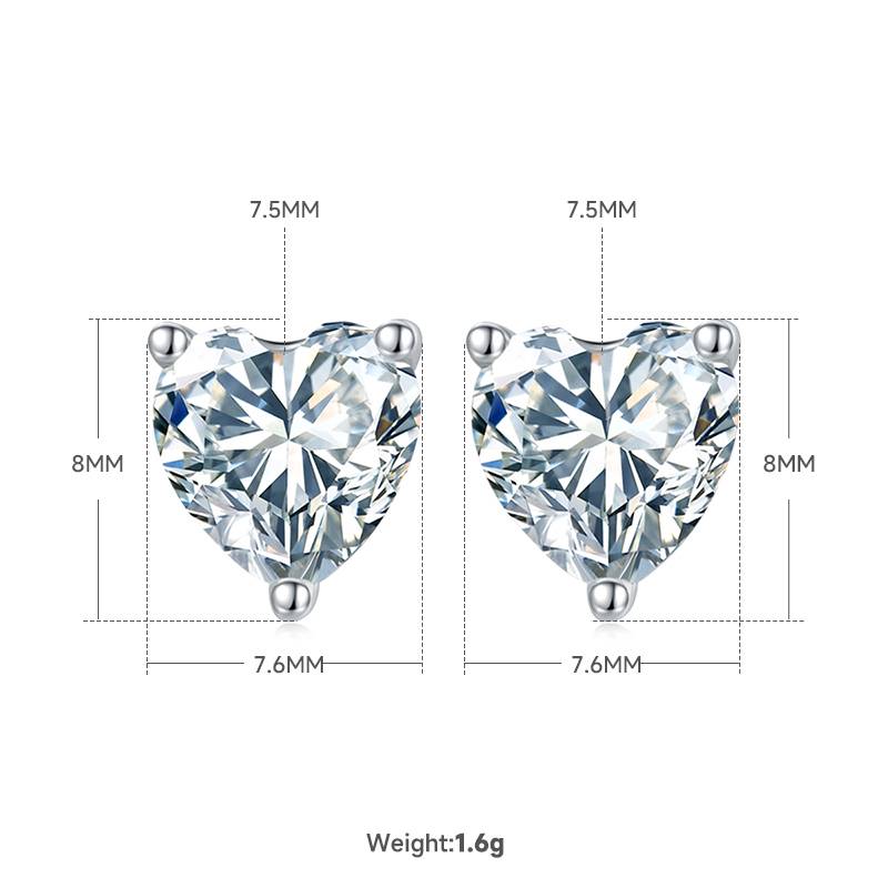 Classic心形S925银镀白金MoissanitePendantStud Earring套装