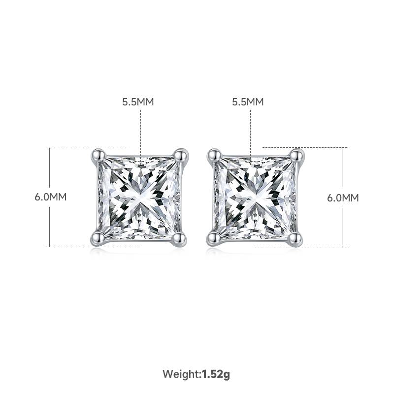 Classic正方形S925银镀白金MoissanitePendantStud Earring套装