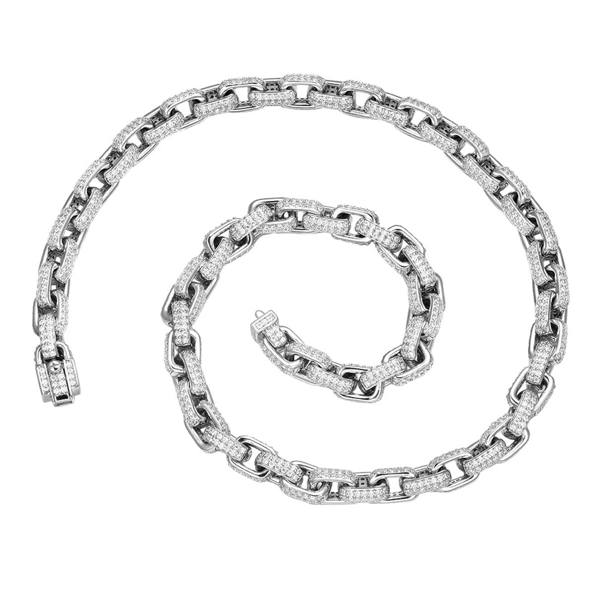 MP0030-7.3mm款S925银镀18K白金莫桑钻满镶嘻哈风高级方扣项链12ct