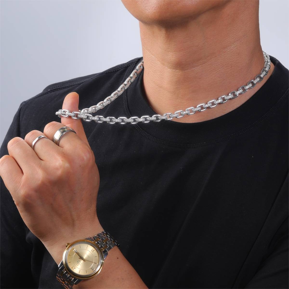 MP0030-7.3mm款S925银镀18K白金莫桑钻满镶嘻哈风高级方扣项链12ct