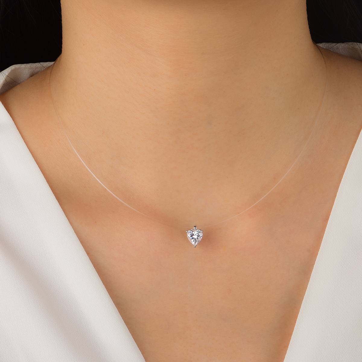 MP0047款S925银镀18K白金隐形巨闪心形莫桑钻项链锁骨链鱼线吊坠