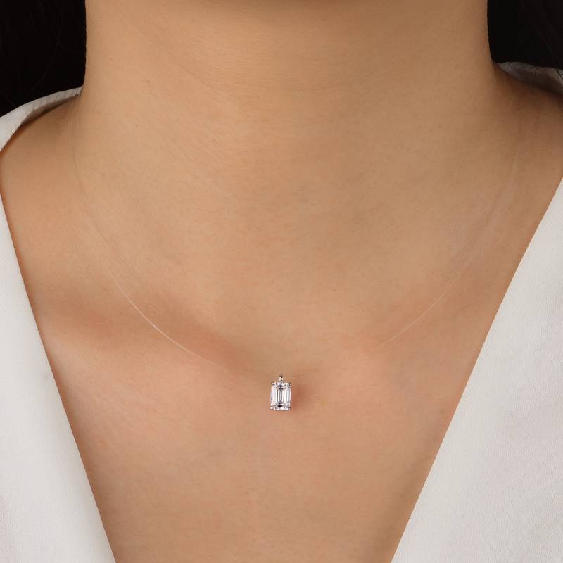 MP0049款S925银镀18K白金隐形巨闪祖母绿切割MoissaniteNecklace锁骨链鱼线Pendant