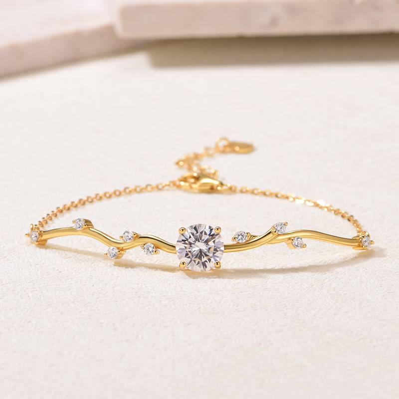 MB0016款S925银镀18K黄金莫桑钻森系树枝手链主石8.0mm/2.0ct