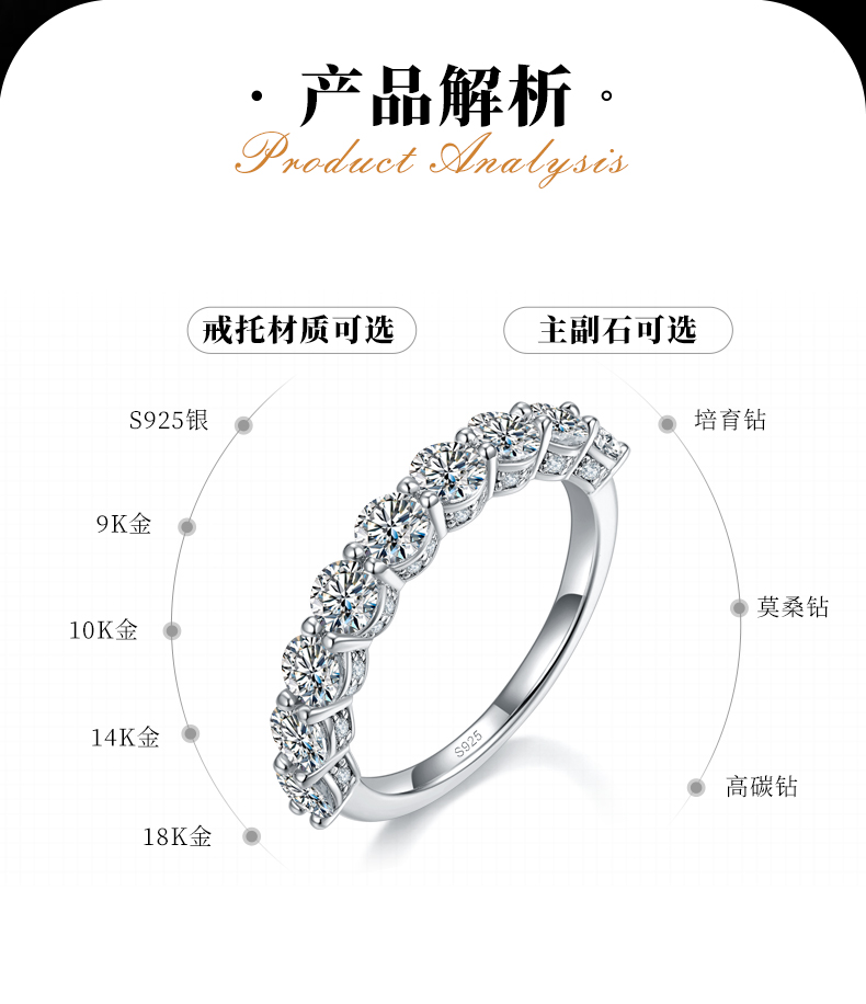 圆钻排戒S925银镀白金定制选款副石莫桑钻1.98ct - 2