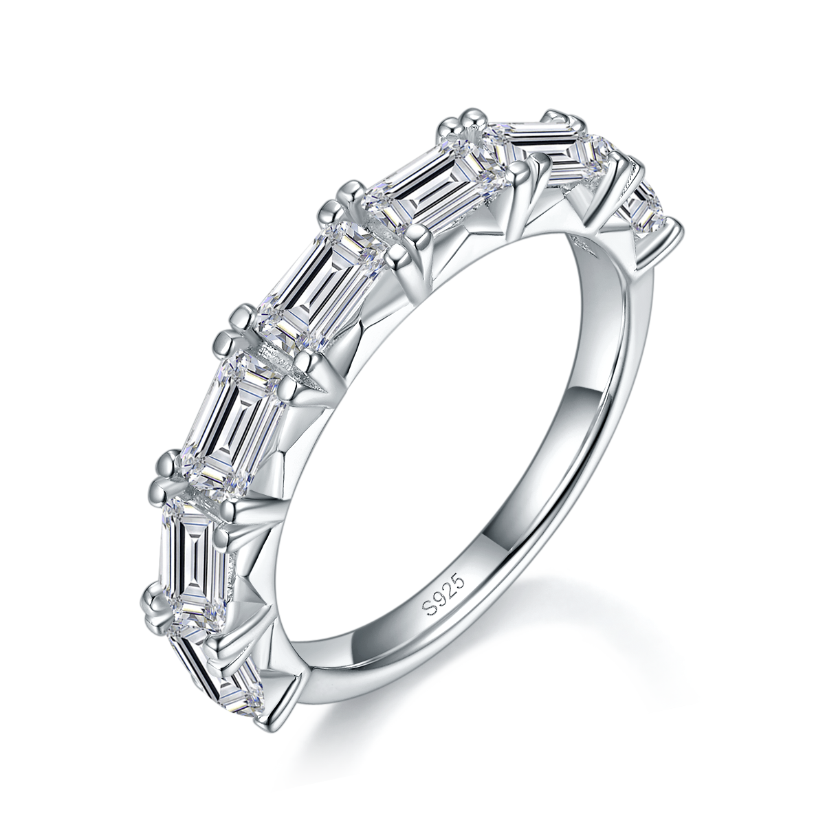 祖母绿切割排戒S925银镀白金定制选款莫桑钻2.5ct