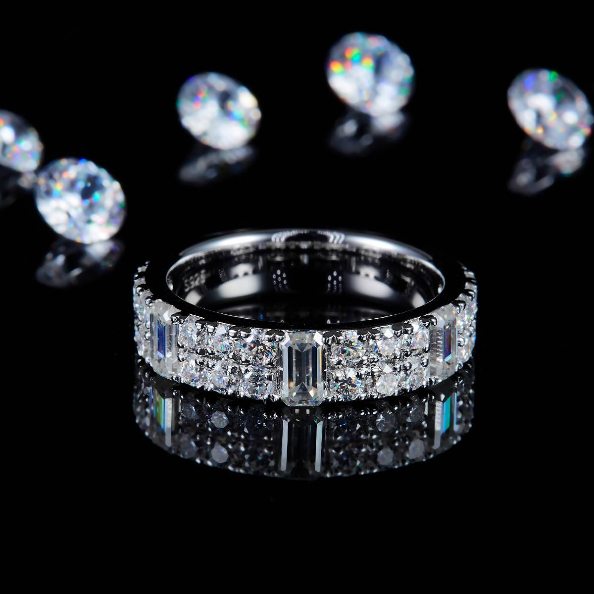 Square Diamond Half Circle Ring S925 Silver Plated Platinum Customized Selection Side Stone Moissanite 2.46ct