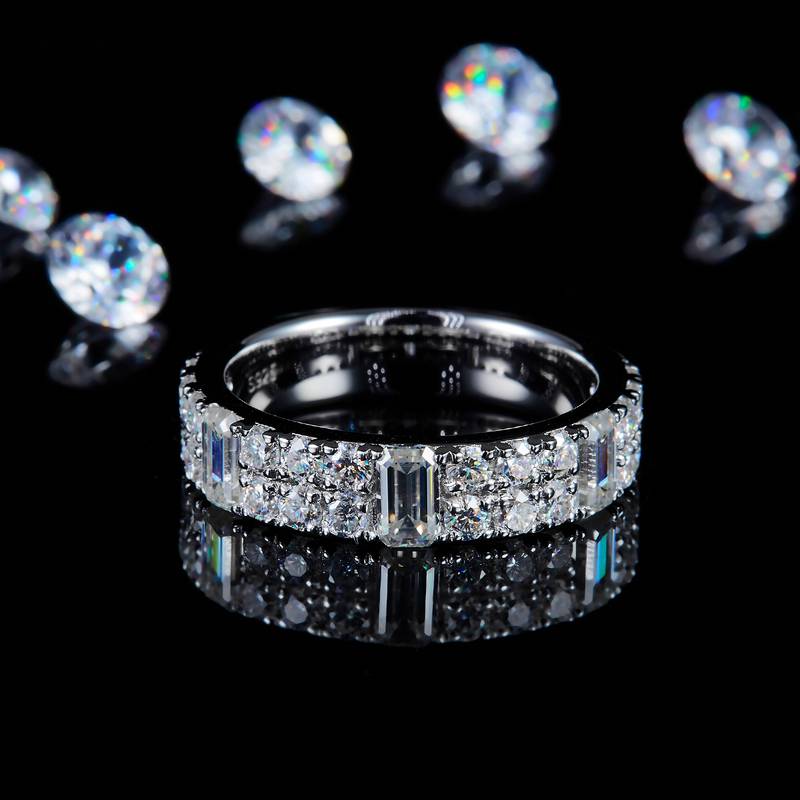 方形钻半圈排戒S925银镀白金定制选款副石莫桑钻2.46ct