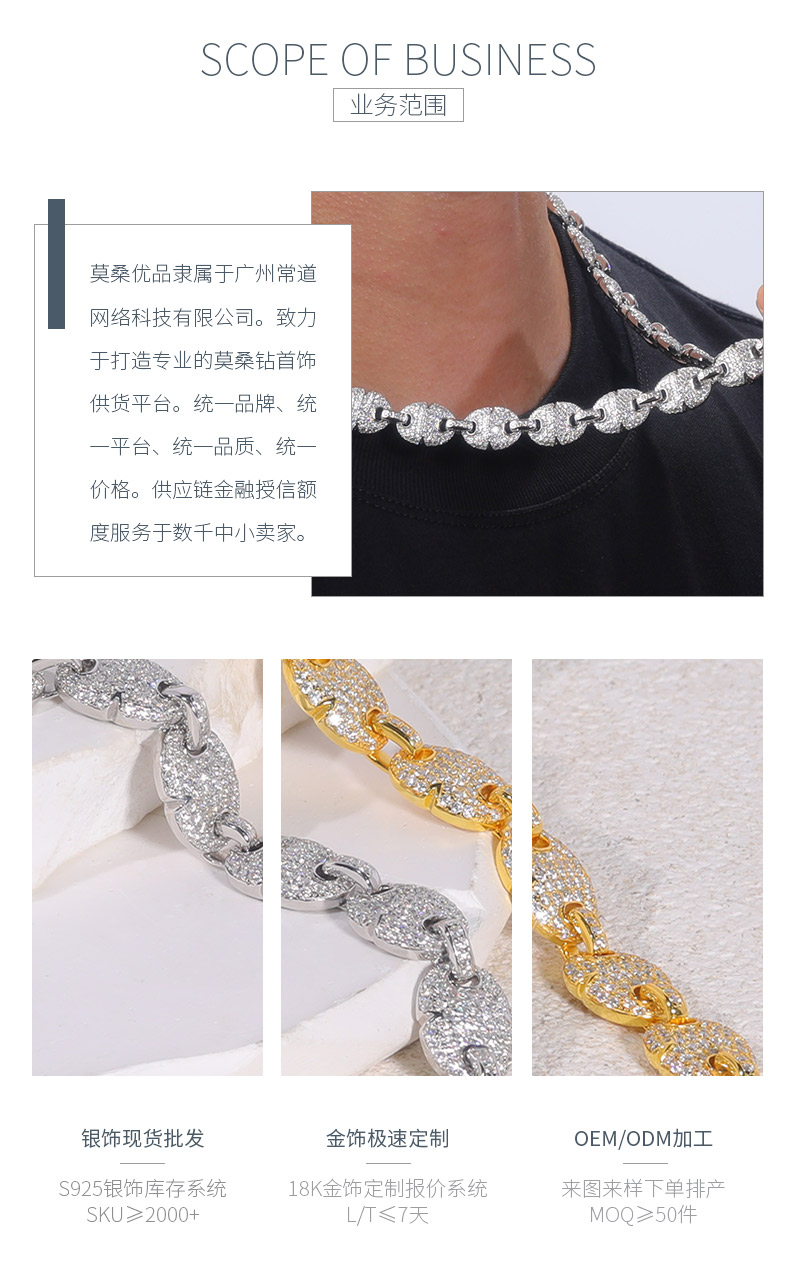 MP0033-10.0mm款S925银镀18K白金莫桑钻满镶嘻哈风项链11.52ct - 3