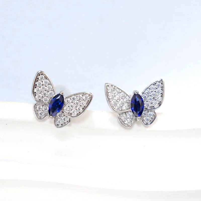 E-2026款S925银镀18K白金马眼形培育彩宝蝴蝶耳环5*2mm.5mm