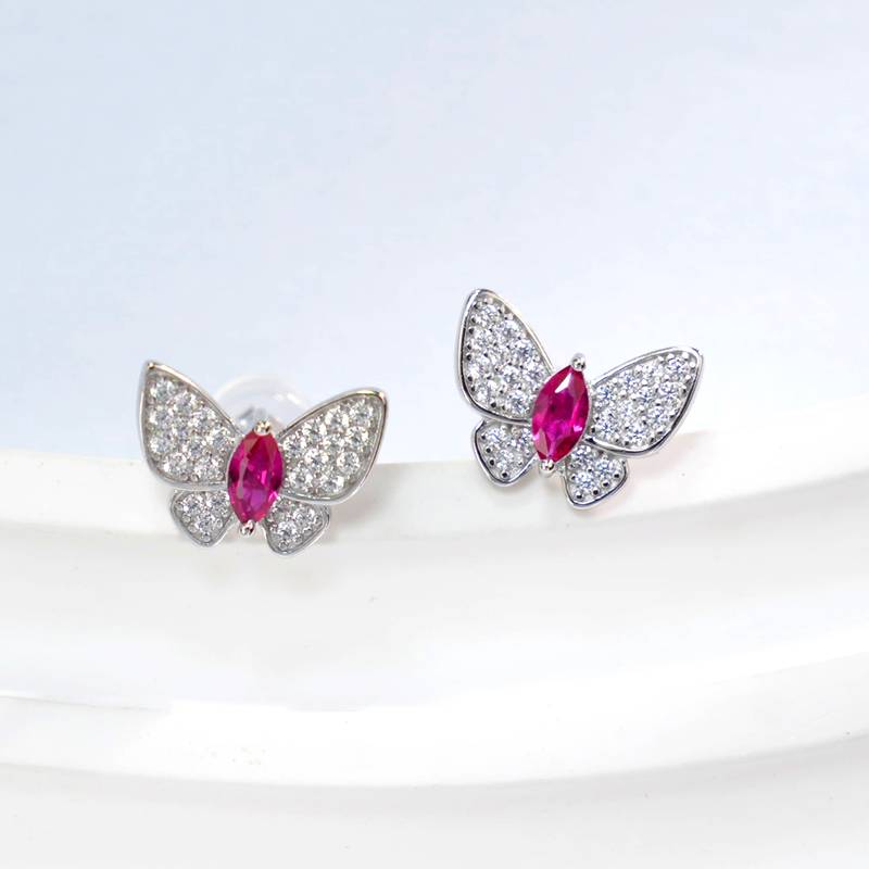 E-2026款S925银镀18K白金马眼形培育彩宝蝴蝶耳环5*2mm.5mm