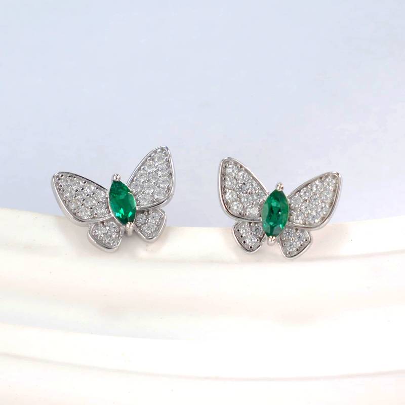 E-2026款S925银镀18K白金马眼形培育彩宝蝴蝶耳环5*2mm.5mm