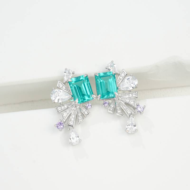 E0692款S925银镀18K白金培育彩宝舞动精灵耳环8*6mmmm/4.86ct