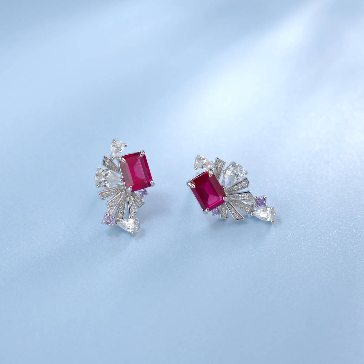 E0692款S925银镀18K白金培育彩宝舞动精灵耳环8*6mmmm/4.86ct