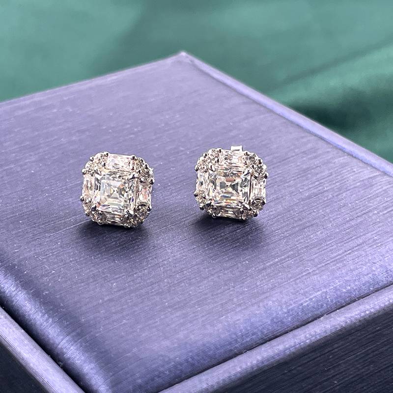 E241016054款S925银镀18K白金阿斯切Moissanite方糖Stud Earring主石6.0mm/2.0ct一对