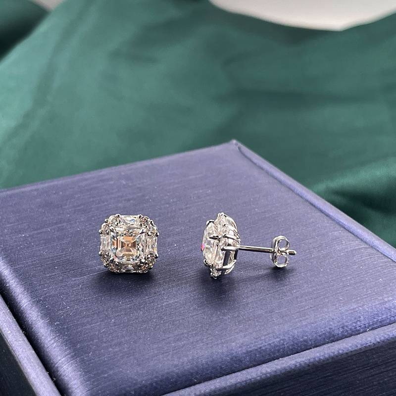 E241016054款S925银镀18K白金阿斯切Moissanite方糖Stud Earring主石6.0mm/2.0ct一对