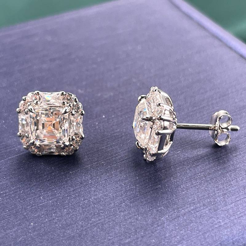 E241016054款S925银镀18K白金阿斯切Moissanite方糖Stud Earring主石6.0mm/2.0ct一对