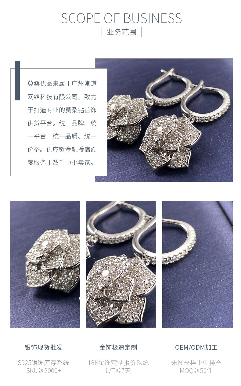 E230607021款S925银镀18K白金满镶莫桑钻山茶花耳环1.73ct - 3