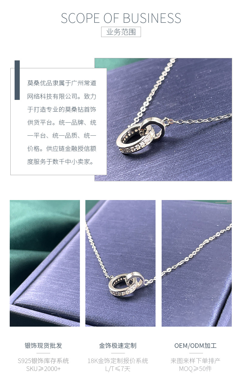P210220017款S925银镀18K白金环环相扣莫桑钻项链0.13ct - 3