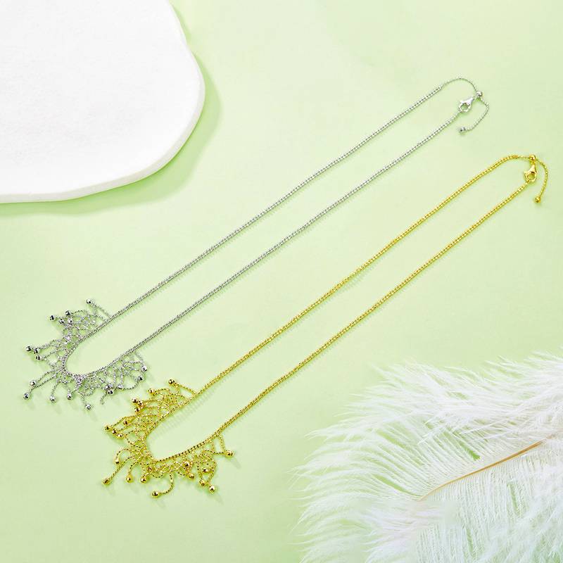 K021款S925银镀18K金意大利蕾丝编织工艺流苏闪珠Necklace