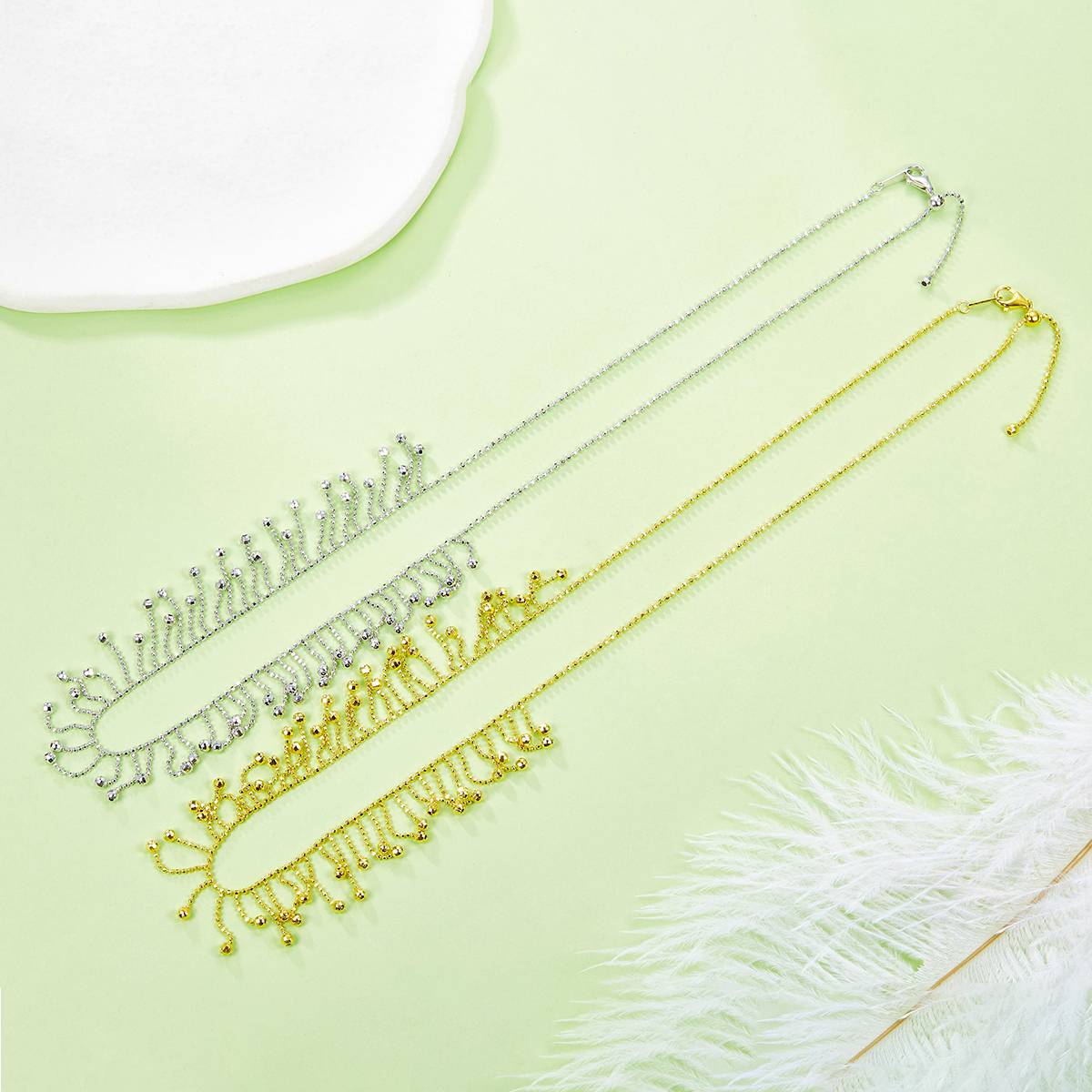 K020款S925银镀18K金意大利蕾丝编织工艺流苏闪珠Necklace