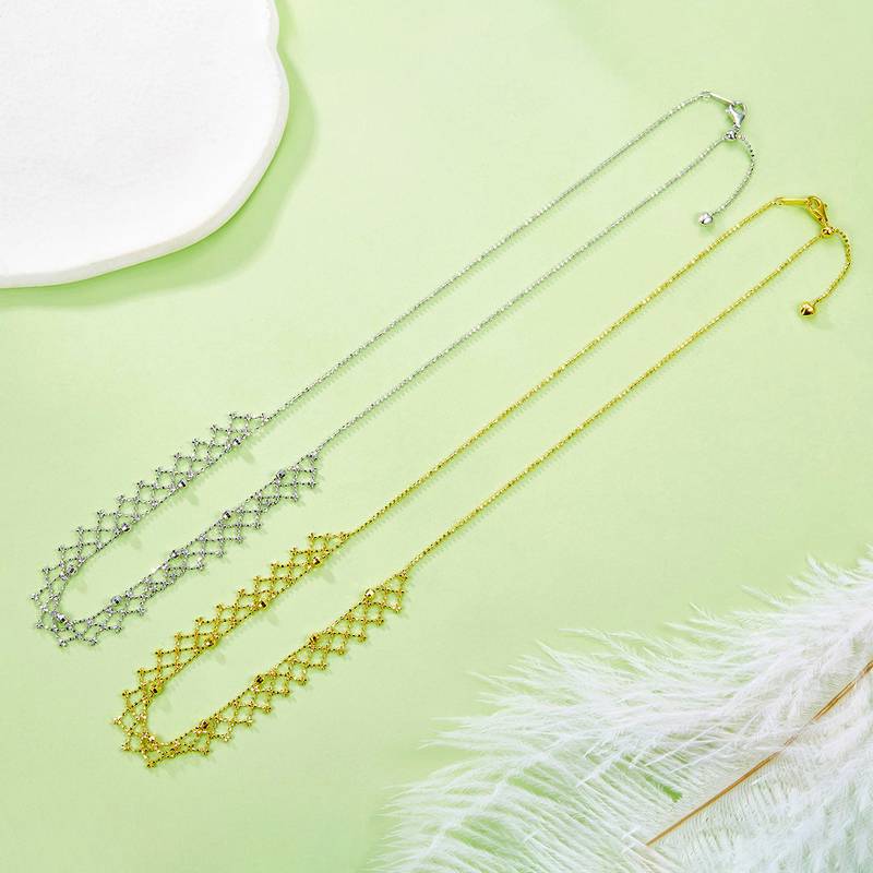 K013款S925银镀18K金意大利蕾丝编织工艺闪珠Necklace