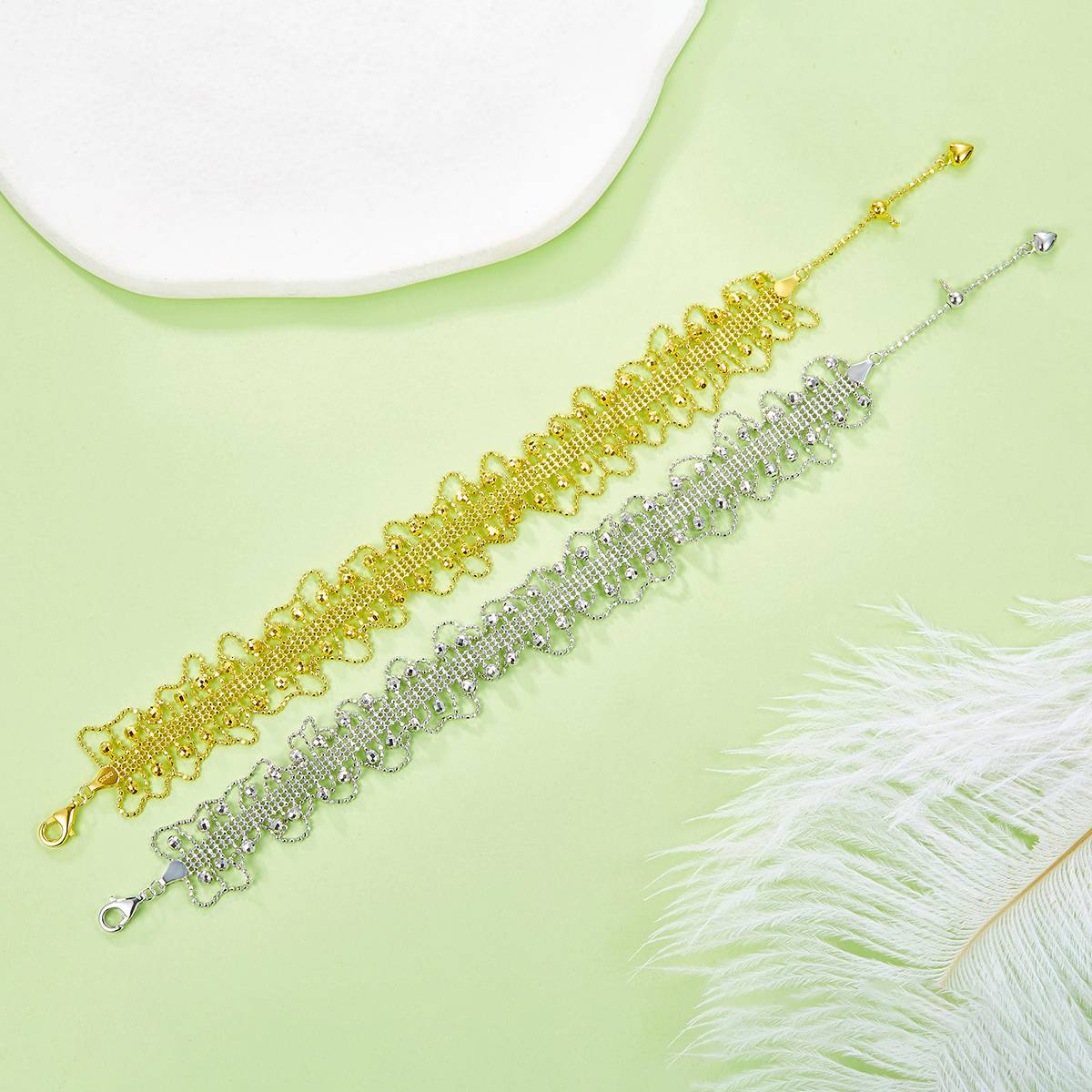 B015款S925银镀18K金意大利蕾丝编织工艺波浪闪珠Bracelet