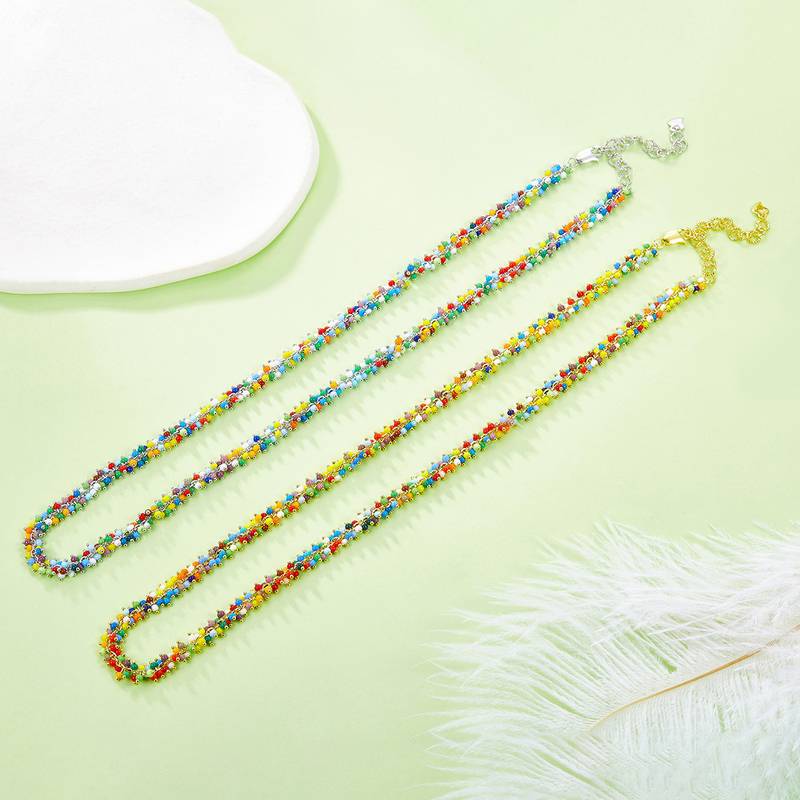 K027款S925银镀18K五彩缤纷彩珠Necklace