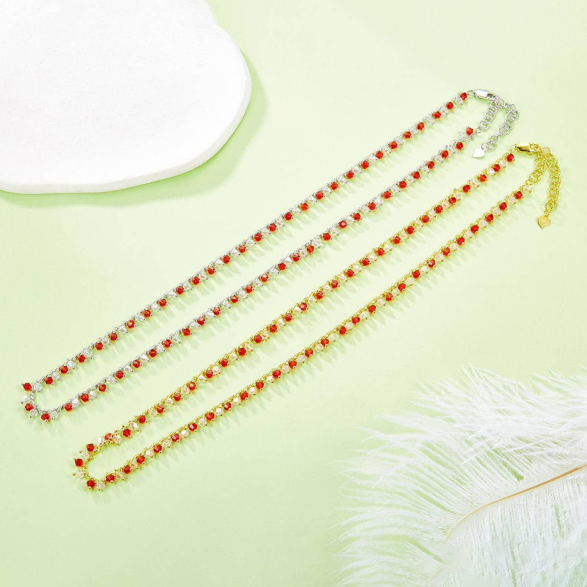 K025款S925银镀18K金吊款红白色合成水晶灵动Necklace