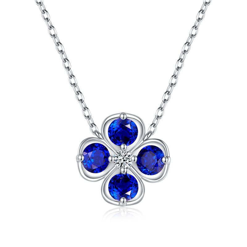 P1055款S925银镀18K白金圆形培育彩宝幸运四叶草Necklace2.6ct