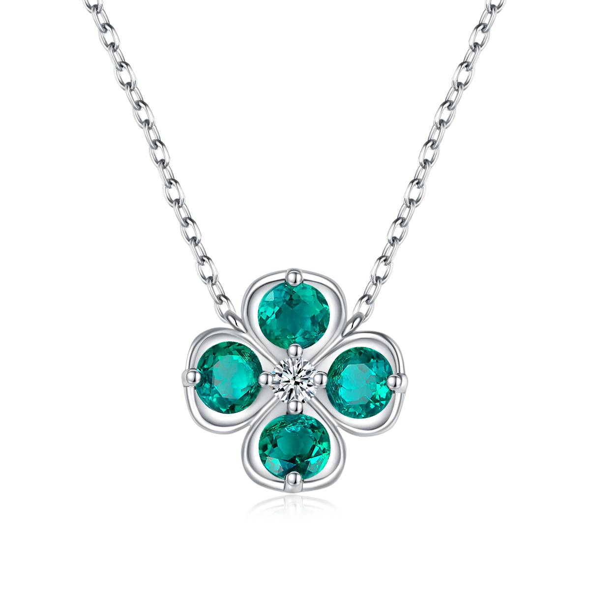 P1055款S925银镀18K白金圆形培育彩宝幸运四叶草Necklace2.6ct