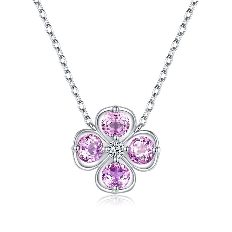 P1055款S925银镀18K白金圆形培育彩宝幸运四叶草Necklace2.6ct