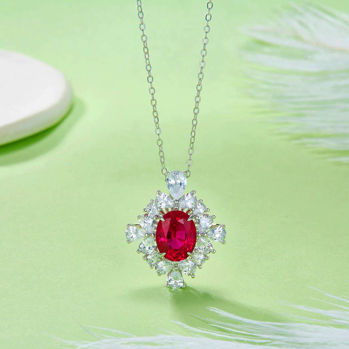 PO715款S925银镀18K白金蛋形培育彩宝繁花盛开Pendant10*8mmmm/3.4ct