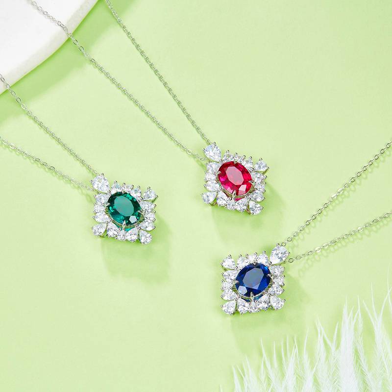 PO715款S925银镀18K白金蛋形培育彩宝繁花盛开Pendant10*8mmmm/3.4ct