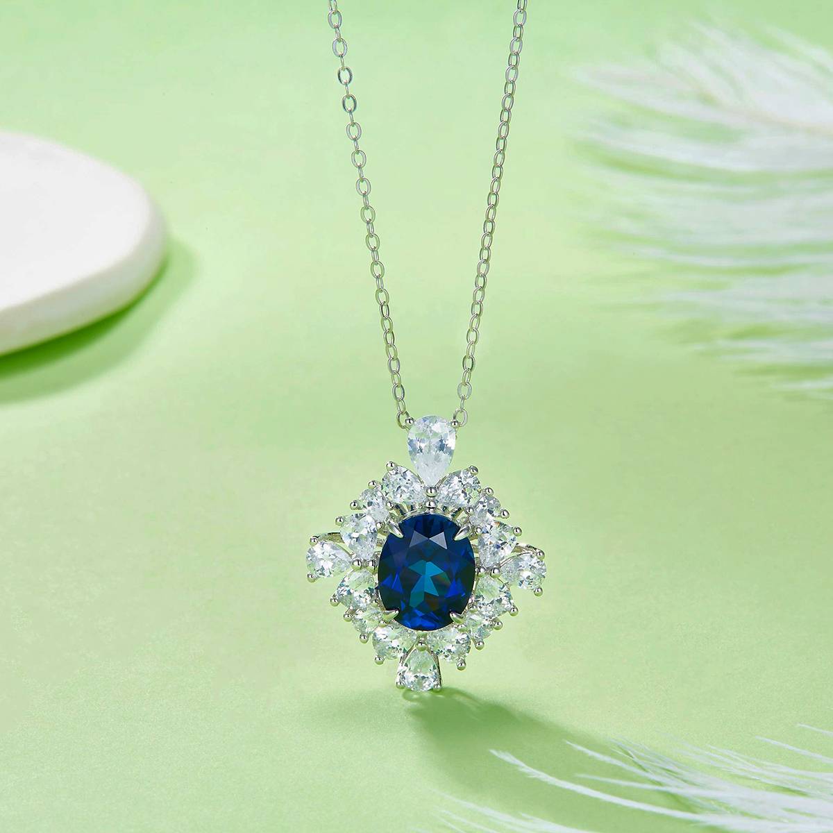 PO715款S925银镀18K白金蛋形培育彩宝繁花盛开Pendant10*8mmmm/3.4ct