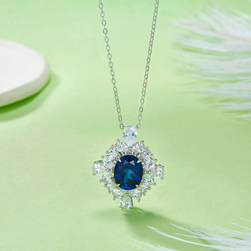 PO715款S925银镀18K白金蛋形培育彩宝繁花盛开Pendant10*8mmmm/3.4ct