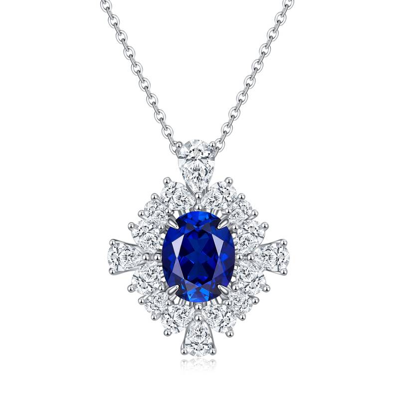 PO715款S925银镀18K白金蛋形培育彩宝繁花盛开Pendant10*8mmmm/3.4ct