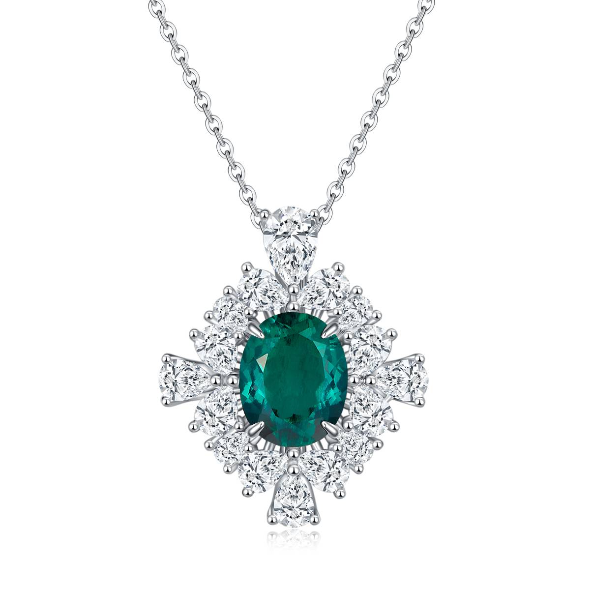PO715款S925银镀18K白金蛋形培育彩宝繁花盛开Pendant10*8mmmm/3.4ct