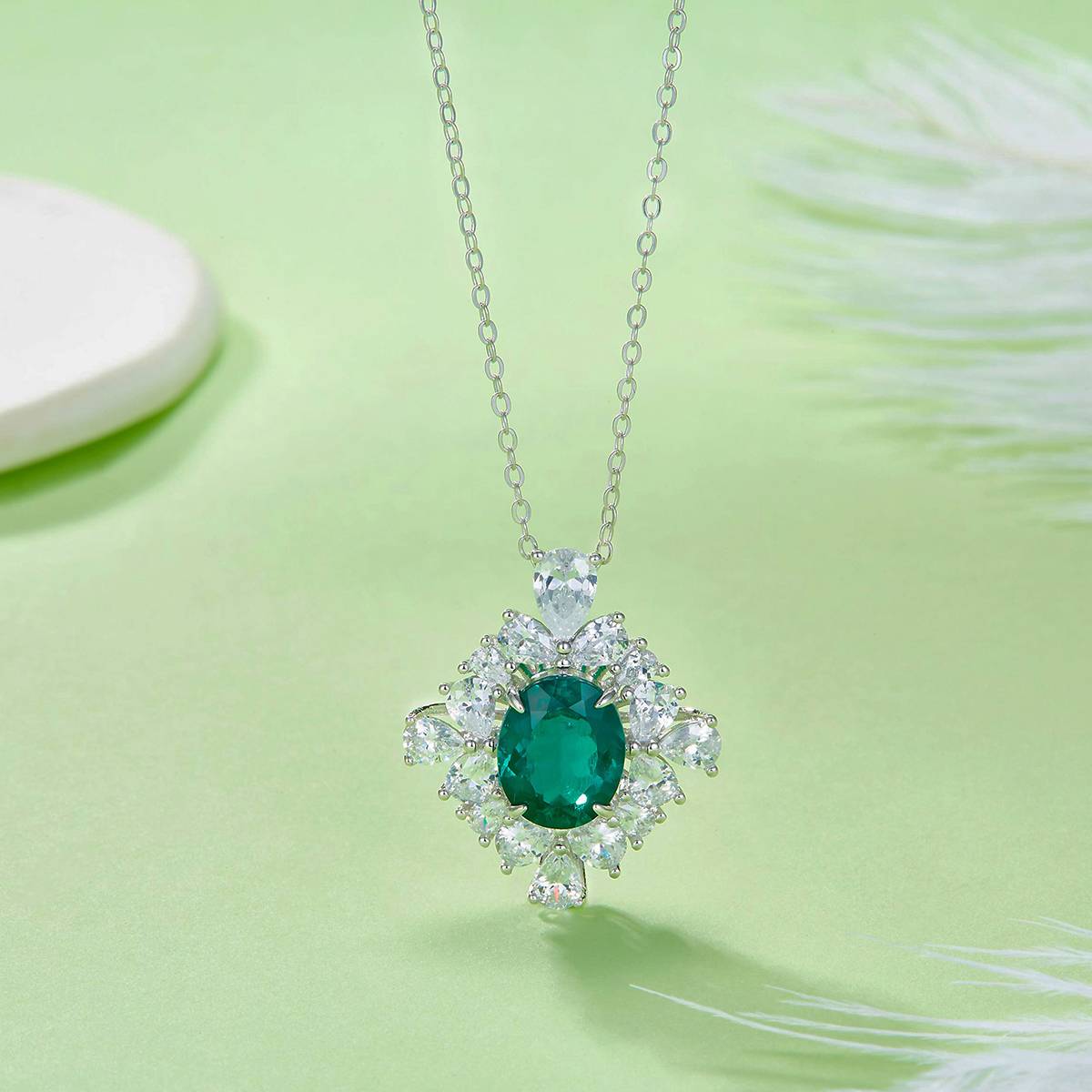 PO715款S925银镀18K白金蛋形培育彩宝繁花盛开Pendant10*8mmmm/3.4ct