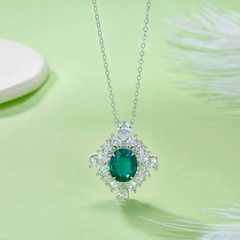 PO715款S925银镀18K白金蛋形培育彩宝繁花盛开Pendant10*8mmmm/3.4ct
