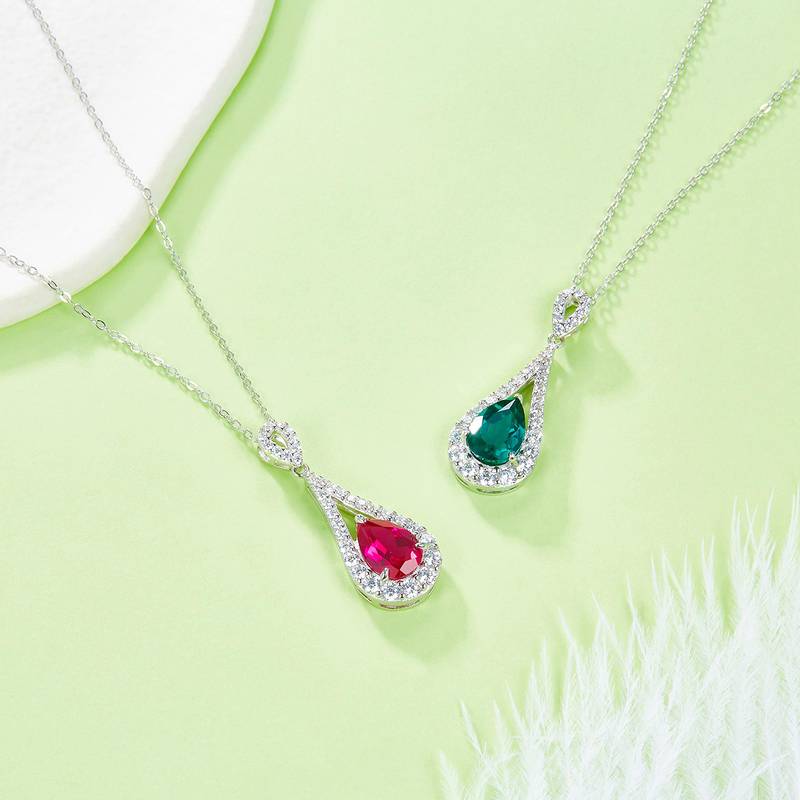 P1758款S925银镀18K白金水滴形培育彩宝Necklace11*7mmmm /1.75ct