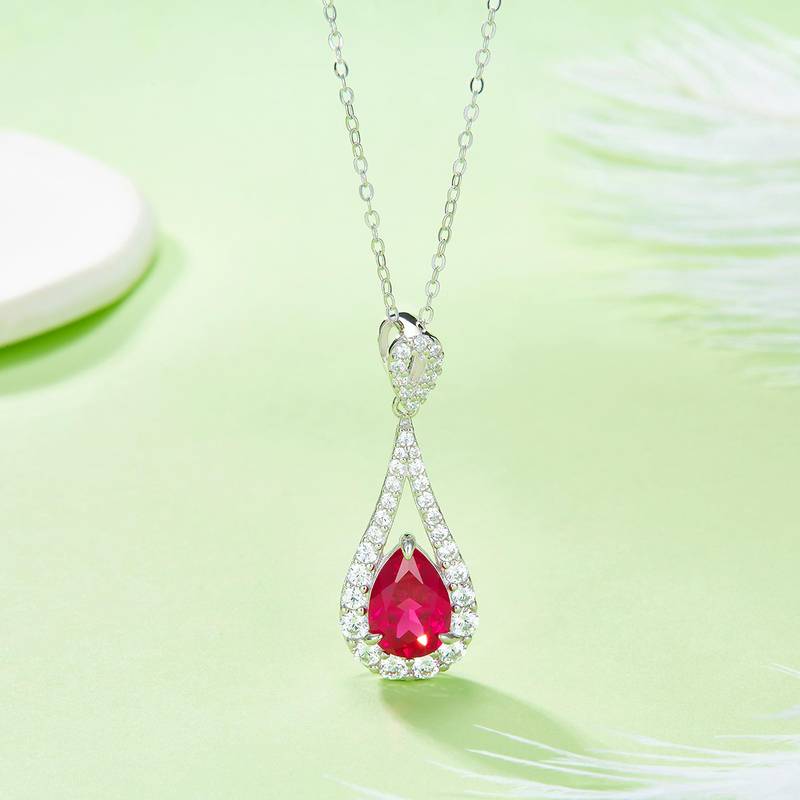 P1758款S925银镀18K白金水滴形培育彩宝Necklace11*7mmmm /1.75ct